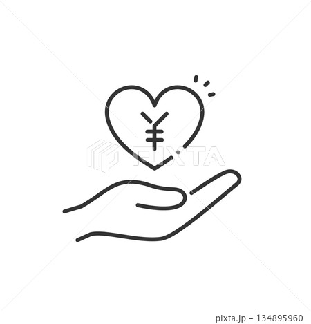 クラウドファンディングや社会保障を表すベクターアイコン（線画）ハート･手元･お金 134895960