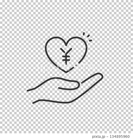 代表眾籌和社會安全的向量圖示（線條畫）。心形、手、金錢 134895960