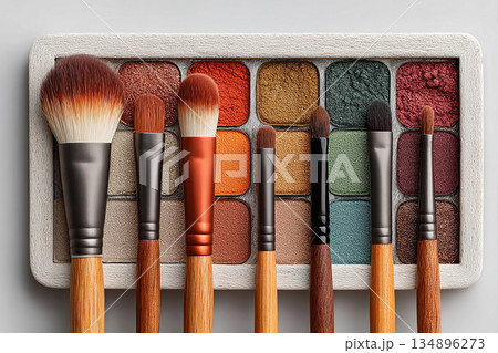 Ideal for product features focused on subtle beauty. Flat lay of makeup brush placed next to a color palette on white background. Ideal for product features focused on subtle beauty. Flat lay of makeup brush placed next to a color palette on white background. 134896273