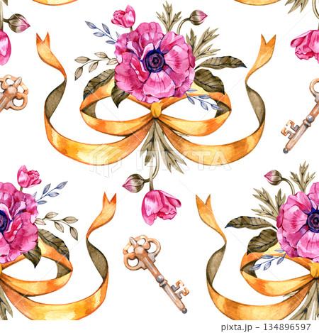 Seamless watercolor pattern with pink anemone flowers, golden ribbons, vintage keys, and elegant foliage. Romantic spring illustration in soft hand painted style, ideal for decorative and surface 134896597