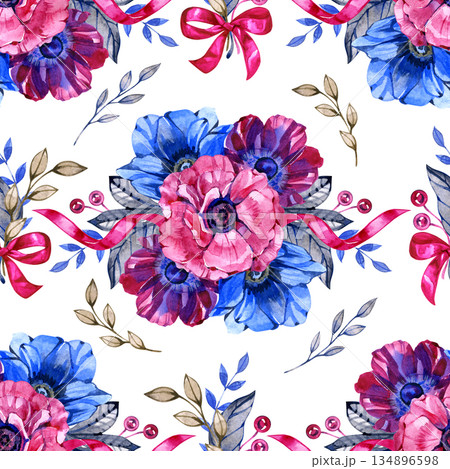 Hand painted watercolor seamless pattern with expressive anemone flowers in pink, blue and purple tones, decorated with ribbons, berries and delicate foliage. Elegant floral design for textiles Hand painted watercolor seamless pattern with expressive anemone flowers in pink, blue and purple tones, decorated with ribbons, berries and delicate foliage. Elegant floral design for textiles 134896598