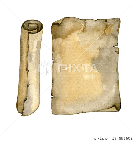 Watercolor illustration of an antique weathered scroll and a worn piece of parchment. The aged paper features realistic textures with tea-stained spots, frayed burnt edges, and vintage sepia tones. Watercolor illustration of an antique weathered scroll and a worn piece of parchment. The aged paper features realistic textures with tea-stained spots, frayed burnt edges, and vintage sepia tones. 134896602