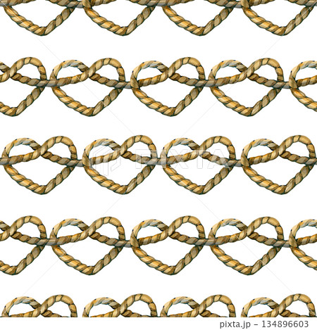 Elegant watercolor seamless pattern featuring repeating rows of thick hemp rope tied into heart-shaped knots. Hand-painted nautical design with realistic textures, symbolizing love, strength, and 134896603