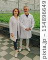 Scientists examine crops, Plant scientists observe and document hydroponic vegetable cultivation processes, Research experts inspect and record data on hydroponic lettuce production inside glasshouse 134896649