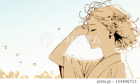 満開の桜の下、春風に乱れた髪を整える若い女性（シンプルな色使い）