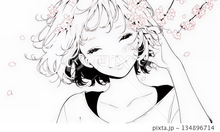 満開の桜の下、春風に乱れた髪を整える若い女性（シンプルな色使い）