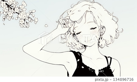 満開の桜の下、春風に乱れた髪を整える若い女性（シンプルな色使い）