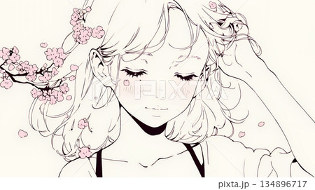 満開の桜の下、春風に乱れた髪を整える若い女性（シンプルな色使い）