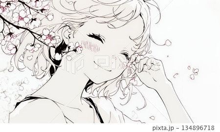 満開の桜の下、春風に乱れた髪を整える若い女性（シンプルな色使い）