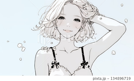 満開の桜の下、春風に乱れた髪を整える若い女性（シンプルな色使い）