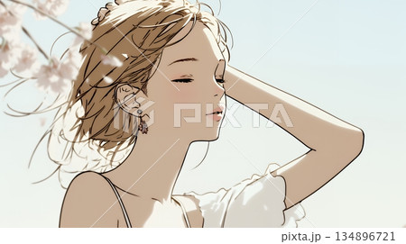 満開の桜の下、春風に乱れた髪を整える若い女性（シンプルな色使い）