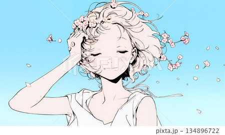 満開の桜の下、春風に乱れた髪を整える若い女性（シンプルな色使い）