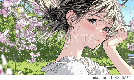 満開の桜の下、春風に乱れた髪を整える若い女性