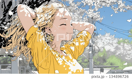 満開の桜の下、春風に乱れた髪を整える若い女性