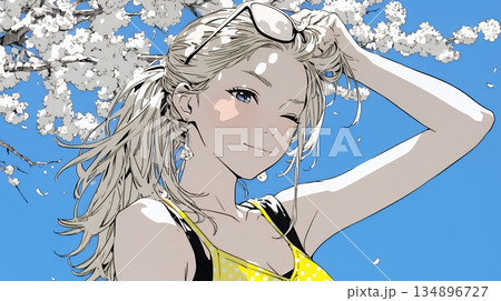 満開の桜の下、春風に乱れた髪を整える若い女性