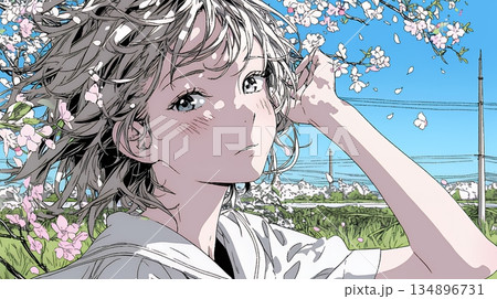 満開の桜の下、春風に乱れた髪を整える若い女性