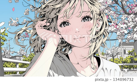 満開の桜の下、春風に乱れた髪を整える若い女性