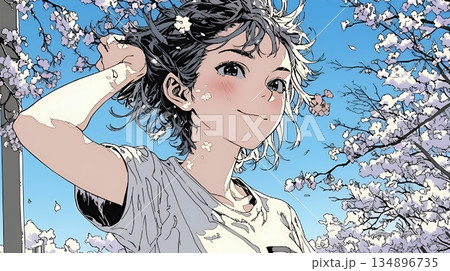 満開の桜の下、春風に乱れた髪を整える若い女性