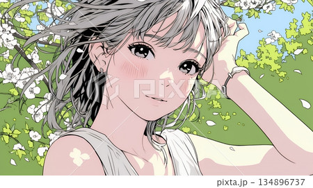 満開の桜の下、春風に乱れた髪を整える若い女性