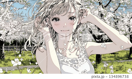 満開の桜の下、春風に乱れた髪を整える若い女性