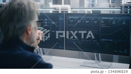 Data Scientist Wearing Glasses, Analyzing Cloud System Performance Graphs and Data Flow 134896829