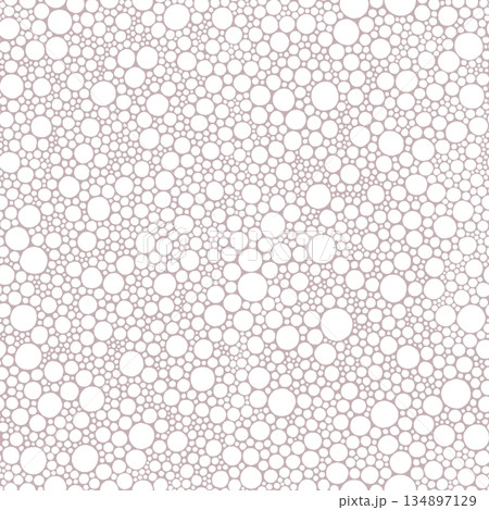 Seamless pattern of white circles in random sizes on soft pink background. Organic layout creates playful, airy texture. Perfect for stationery, kidswear, wrapping paper, modern decor, digital use 134897129