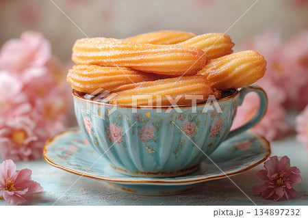 Afternoon tea. Various of Mexican churros with chocolate. Street food setting. Cultural and global dessert. Afternoon tea. Various of Mexican churros with chocolate. Street food setting. Cultural and global dessert. 134897232