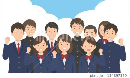 青空の下でガッツポーズをして団結する笑顔の高校生男女グループのイラスト 134897359