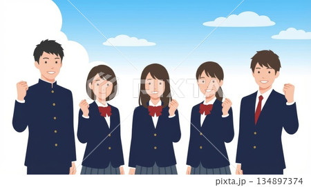青空の下でガッツポーズをして未来への希望に満ちた表情の高校生グループ 青空の下でガッツポーズをして未来への希望に満ちた表情の高校生グループ 134897374