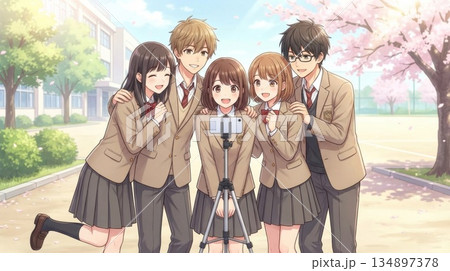 校庭でスマートフォンのセルフタイマーを使って記念撮影をする高校生グループ 校庭でスマートフォンのセルフタイマーを使って記念撮影をする高校生グループ 134897378