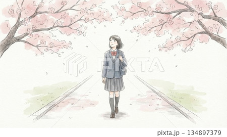 満開の桜並木の下を希望に満ちた表情で歩く制服姿の女子高校生 134897379