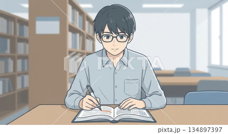 図書館で参考書にマーカーを引きながら真剣な表情で勉強に励む眼鏡の男子高校生 134897397