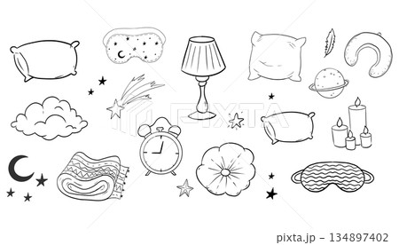 Sleep set hand drawn night symbols doodle. Pillow line bedroom relax, sleeping mask, stars and moon. Warm cozy clothes, socks. Sleepy mood, Sleep set hand drawn night symbols doodle. Pillow line bedroom relax, sleeping mask, stars and moon. Warm cozy clothes, socks. Sleepy mood, 134897402