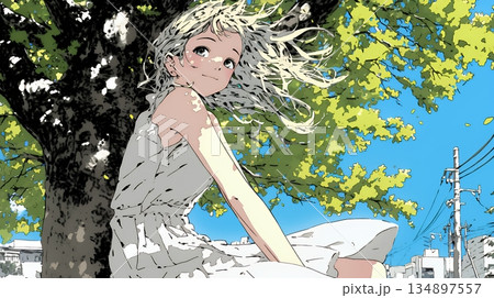 スカートを揺らしながら春風と戯れている若い女性