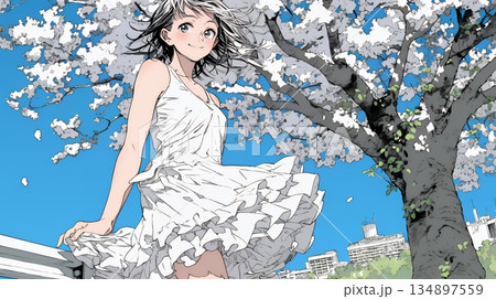 スカートを揺らしながら春風と戯れている若い女性