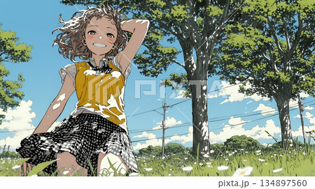 スカートを揺らしながら春風と戯れている若い女性