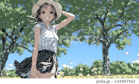 スカートを揺らしながら春風と戯れている若い女性