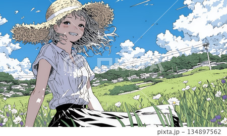 スカートを揺らしながら春風と戯れている若い女性