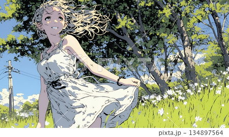 スカートを揺らしながら春風と戯れている若い女性