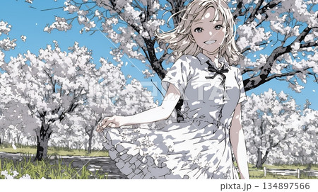 スカートを揺らしながら春風と戯れている若い女性