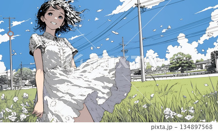 スカートを揺らしながら春風と戯れている若い女性