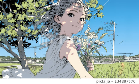 スカートを揺らしながら春風と戯れている若い女性