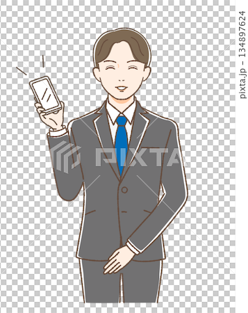 一名身穿西裝的男子麵帶微笑,手裡拿著一支智慧型手機。 一名身穿西裝的男子麵帶微笑,手裡拿著一支智慧型手機。 134897624