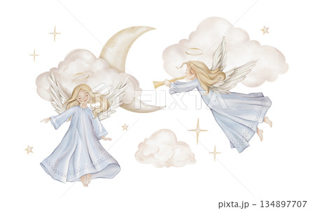 Christmas composition with angel with light hair and nimbus on moon. Watercolor illustration Christian Nativity angel with wings and stars and clouds for religious baptism invitation. 134897707