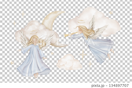 Christmas composition with angel with light hair and nimbus on moon. Watercolor illustration Christian Nativity angel with wings and stars and clouds for religious baptism invitation. 134897707