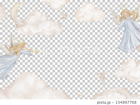 Horizontal Banner watercolor illustration with angel with nimbus. Postcard for Christmas or Christian Nativity for religious baptism. Hand drawn illustration clouds and birds, stars, snowflakes Horizontal Banner watercolor illustration with angel with nimbus. Postcard for Christmas or Christian Nativity for religious baptism. Hand drawn illustration clouds and birds, stars, snowflakes 134897708