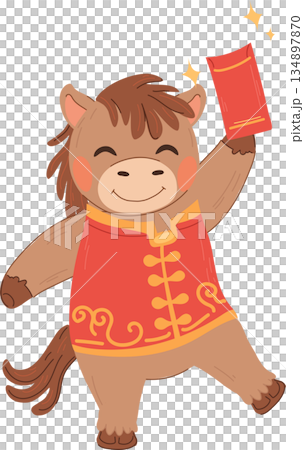 playful horse in traditional chinese outfit presenting a red packet for lunar new year playful horse in traditional chinese outfit presenting a red packet for lunar new year 134897870