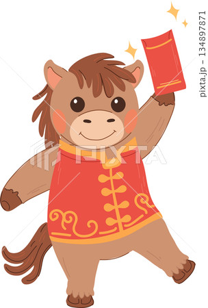 smiling zodiac horse character celebrating lunar new year with red envelope. 134897871