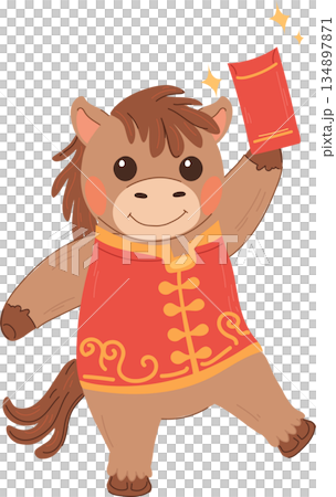 smiling zodiac horse character celebrating lunar new year with red envelope. 134897871