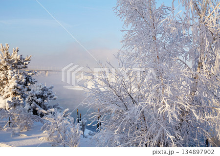 Snowy scene near a river with frost-covered trees and a bridge in the distance during winter Snowy scene near a river with frost-covered trees and a bridge in the distance during winter 134897902